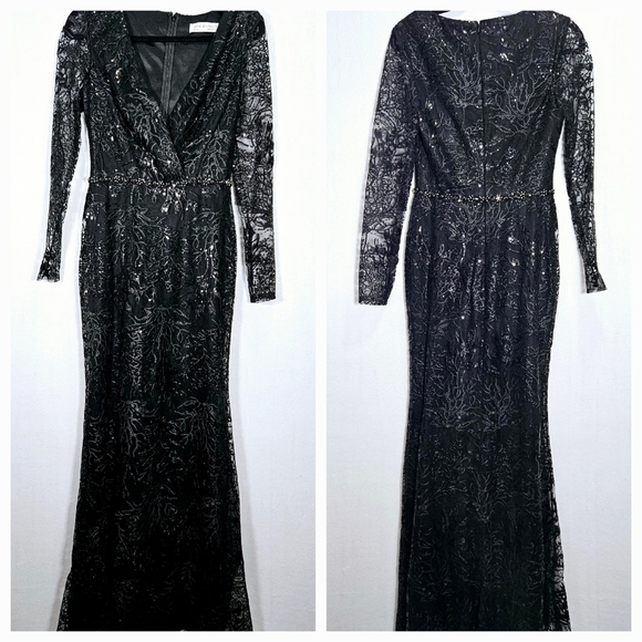 Mac Duggal Women’s Black Embroidered Sequined Faux Wrap Front Evening Gown 4 - Picture 4 of 16